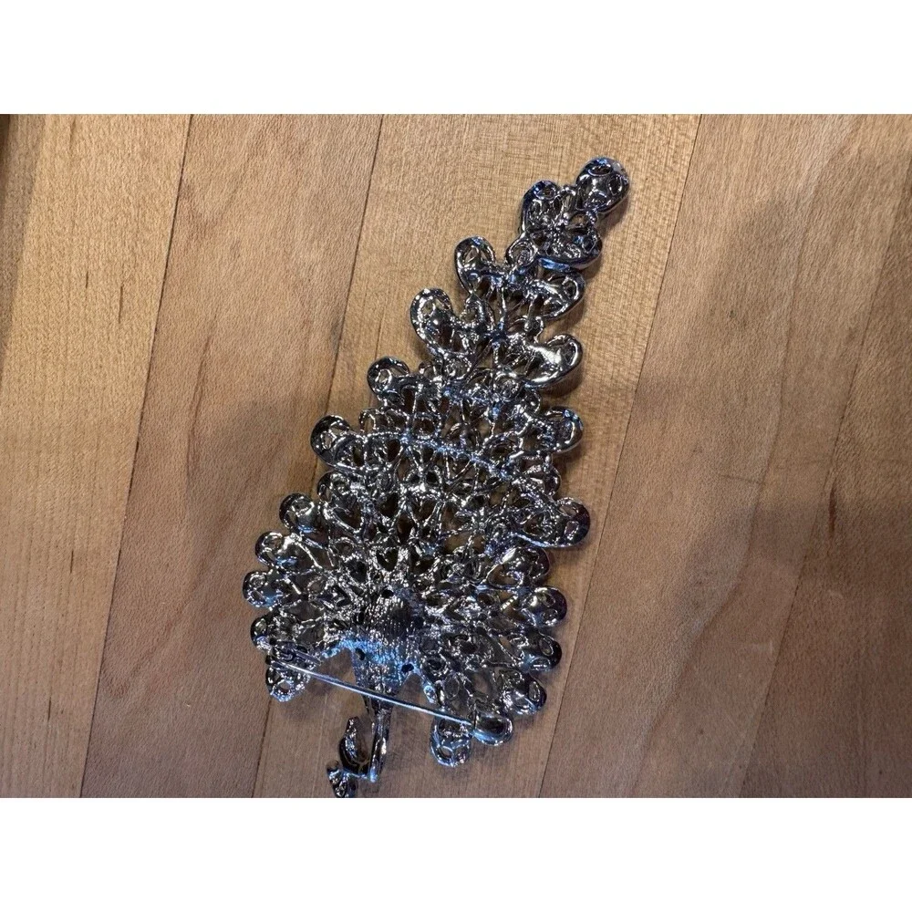 Large Silver Tone Peacock Brooch Blue Rhinestone Fanned Tail Statement Pin